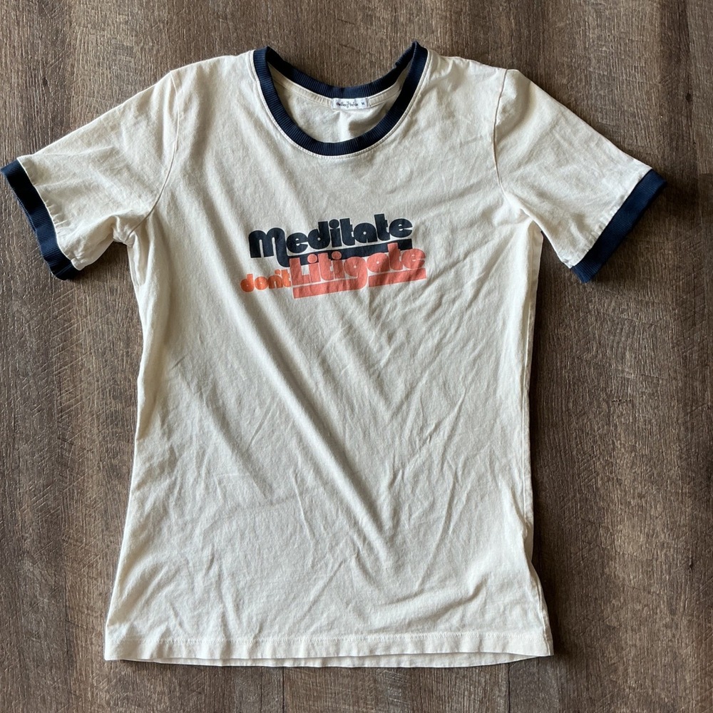 The Bee & The Fox Meditate Don't Litigate Ringer Tee Cream Navy Medium